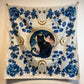 Tapestry - white with black mystical cat and blue flowers