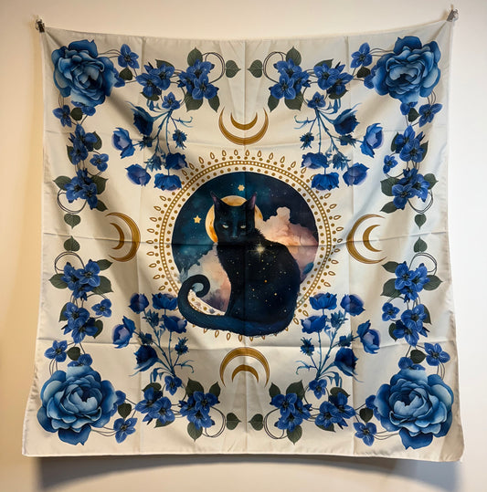 Tapestry - white with black mystical cat and blue flowers