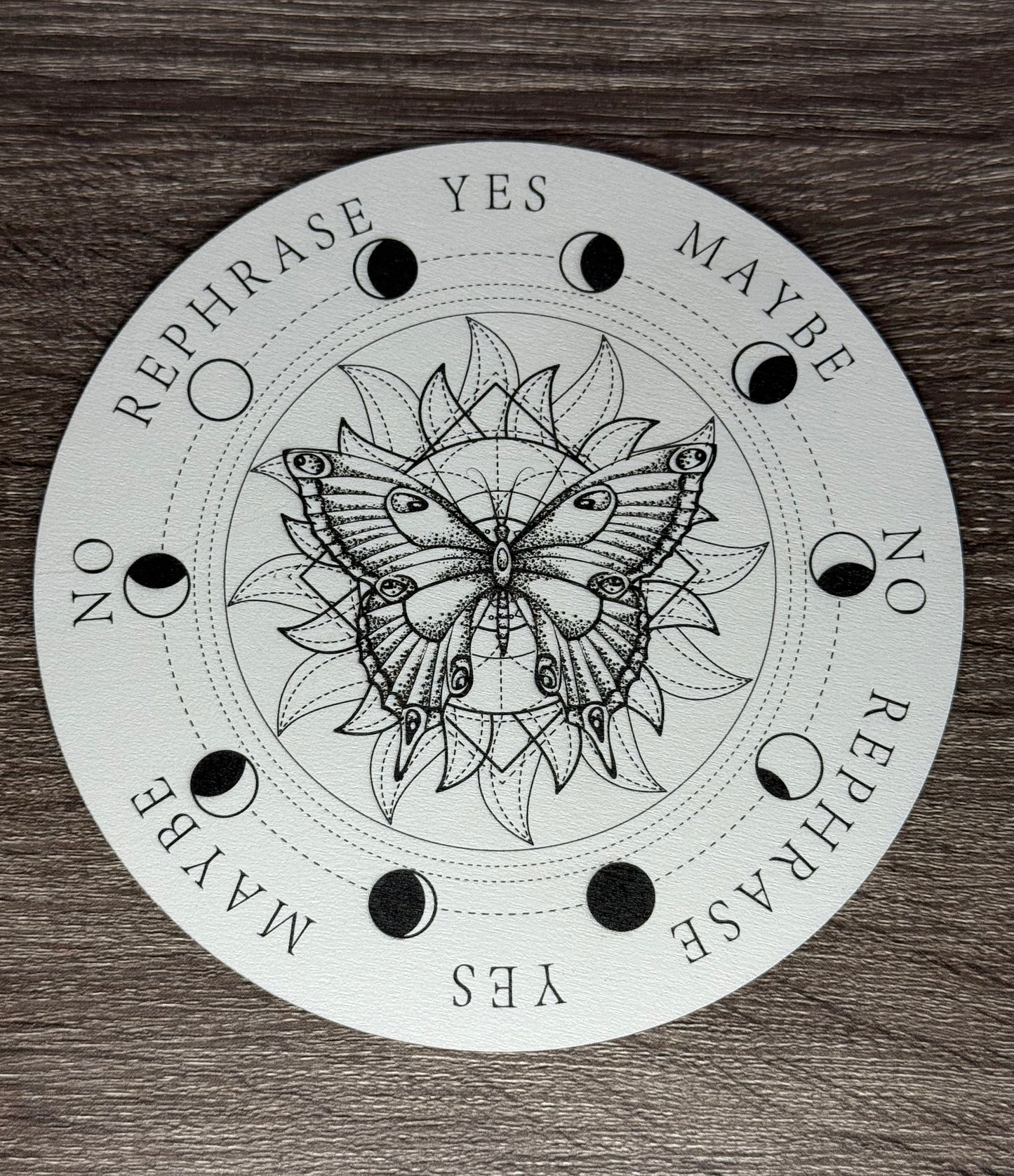 Pendulum Board - Moth with Mandala, Moon Phases - double sided