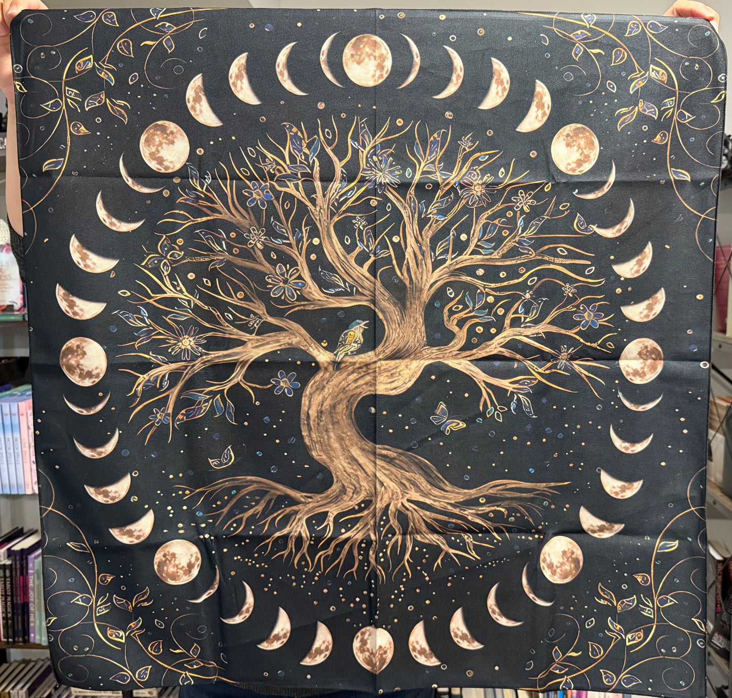 Tapestry - Black Tree of Life, Moon Phases, Bird, Flowers, Butterfly