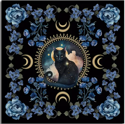 Altar Cloth - black mystical cat with flowers