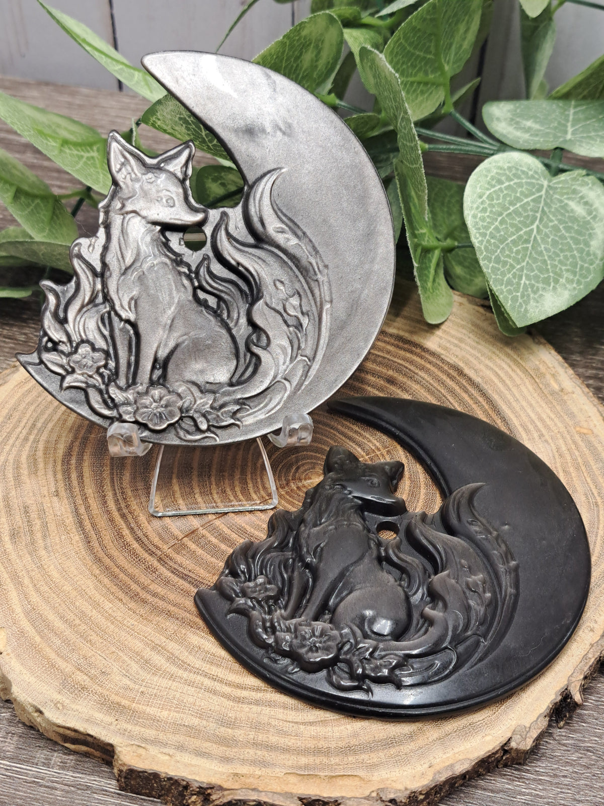 Nine Tailed Fox with Moon - Silver Sheen Obsidian