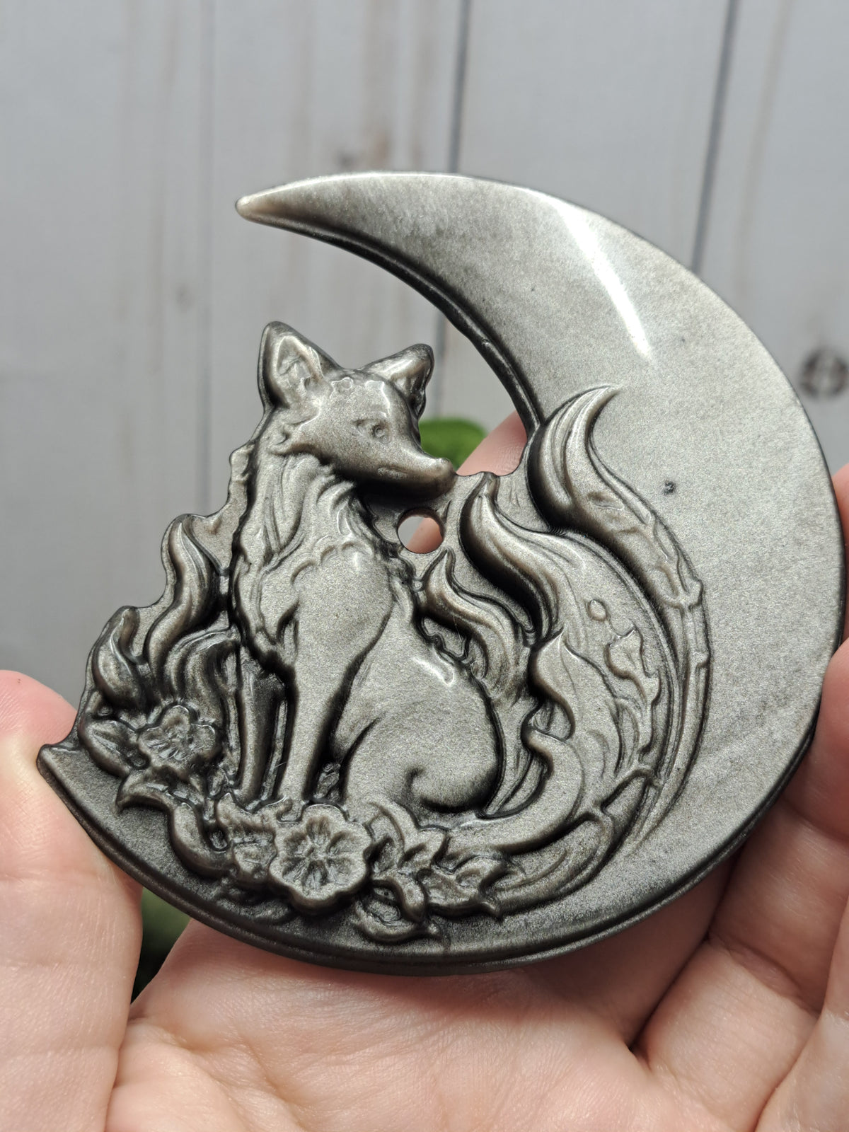 Nine Tailed Fox with Moon - Silver Sheen Obsidian