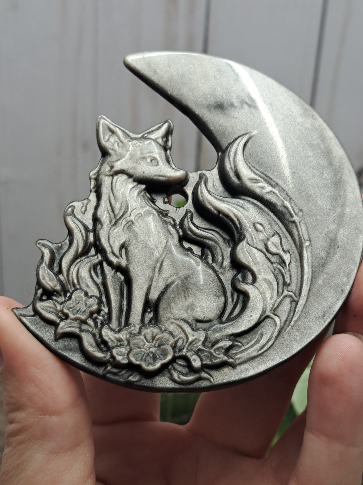 Nine Tailed Fox with Moon - Silver Sheen Obsidian