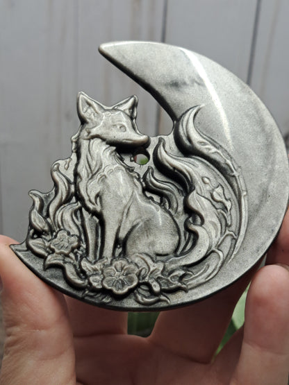 Nine Tailed Fox with Moon - Silver Sheen Obsidian