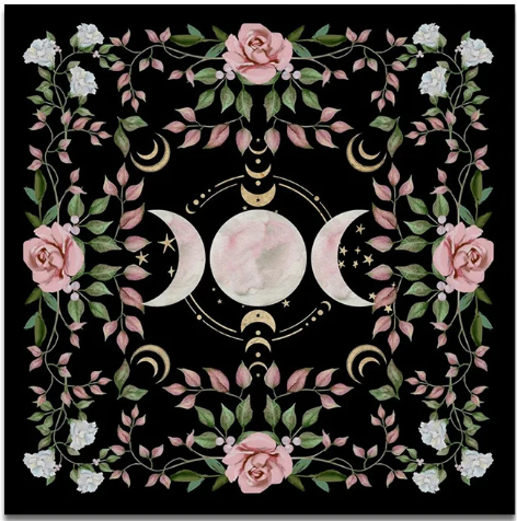 Altar Cloth - triple moon roses and other flowers (black)