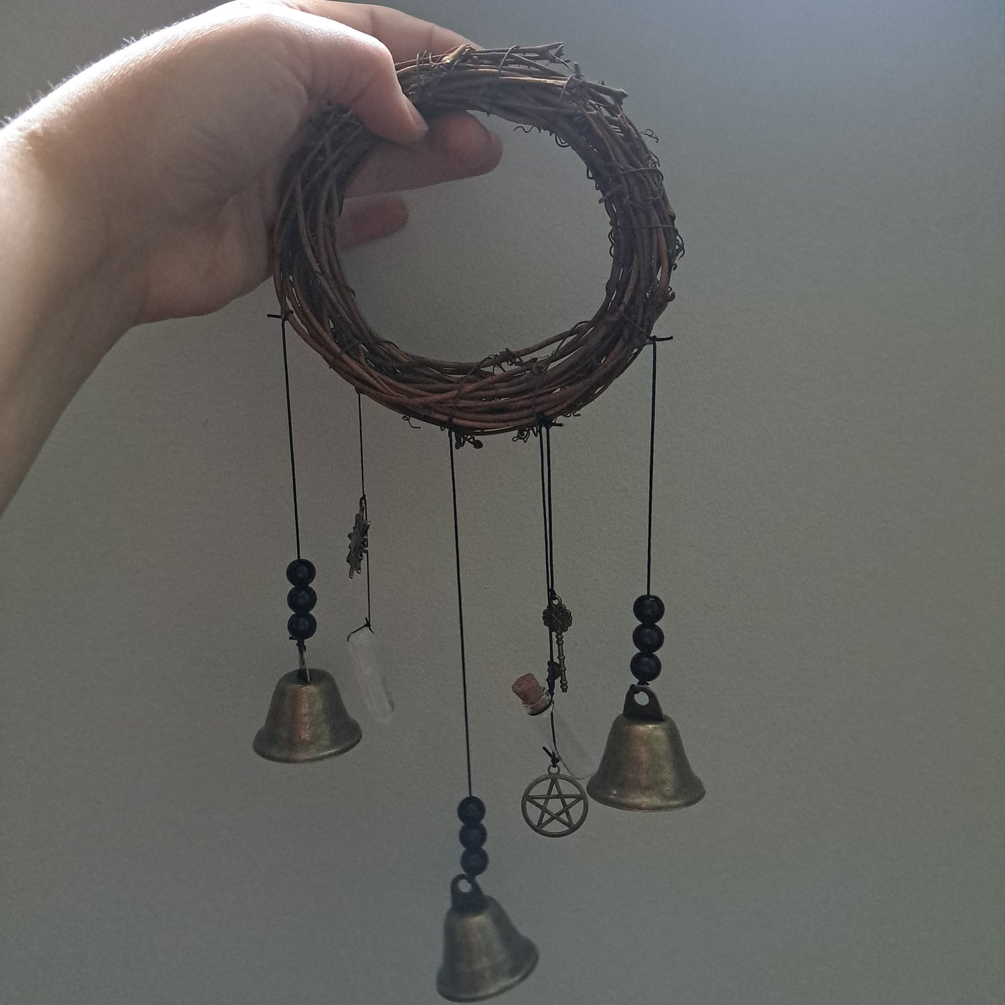 Witch Bells for Home Protection (crystal and bottle), Handmade Witchy Decor for Attracts Positive and Drive Out Negative, Boho Door Handle Garden Patio Magic Bell Beads Wicca Supplies, Hanging Bells