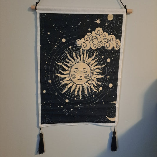 Sun - Tapestry Wall Hanging, Mysterious Tarot Card Tapestry Constellation Black and Gold Tapestry for Room Decor