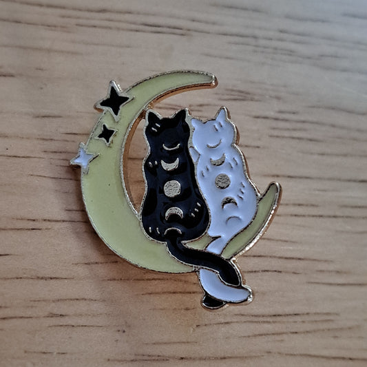 Cats on Moon Ying Yang Pin - yellow moon