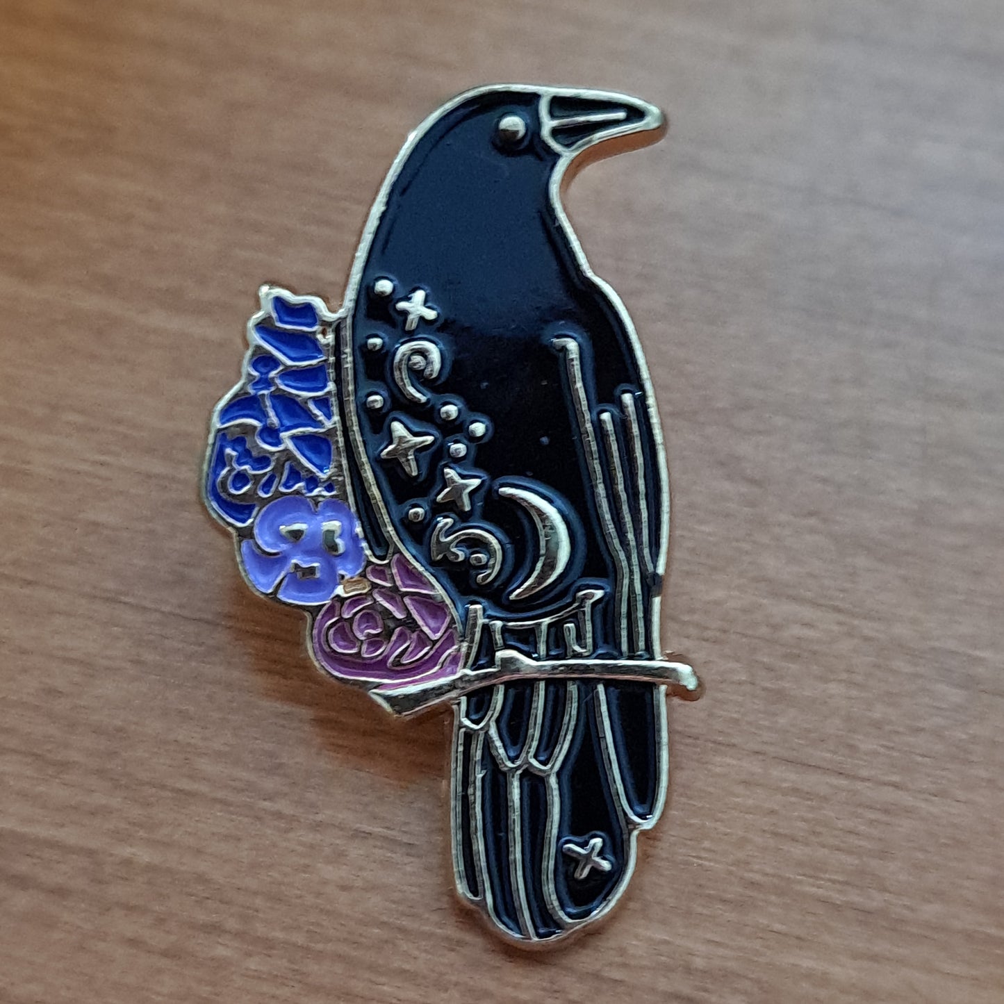 Crow & Flowers Moon Pin