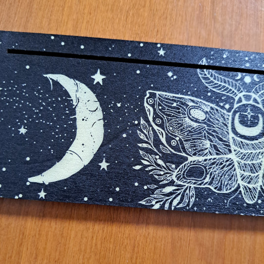 Card Stand, Card Holder, Card Board - Wooden Rectangle Moth & Moons