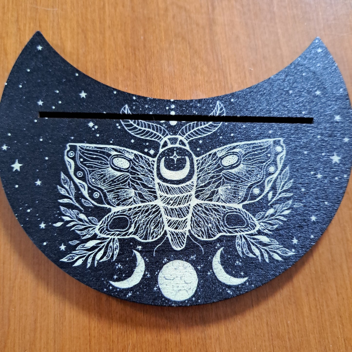 Card Stand, Card Holder, Card Board - Wooden Half Moon, Moth