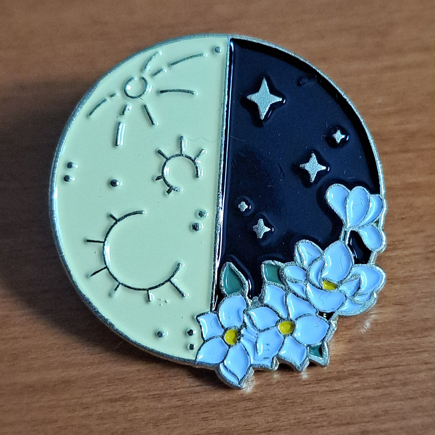 Moon Phase with White Flowers Pin