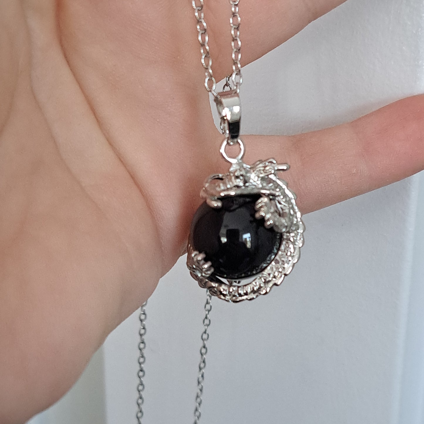 Dragon Wrapped Black Agate Round Necklace