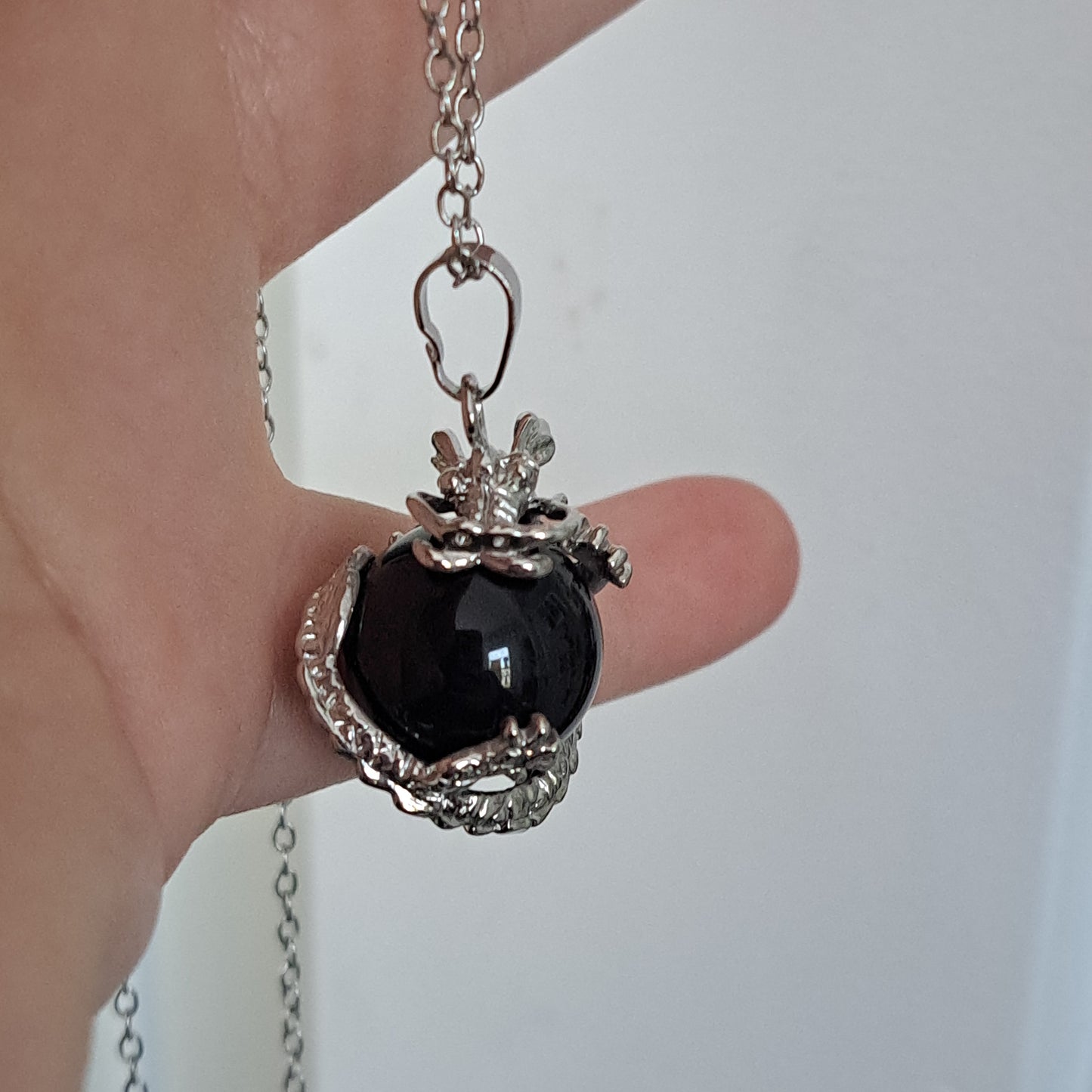 Dragon Wrapped Black Agate Round Necklace