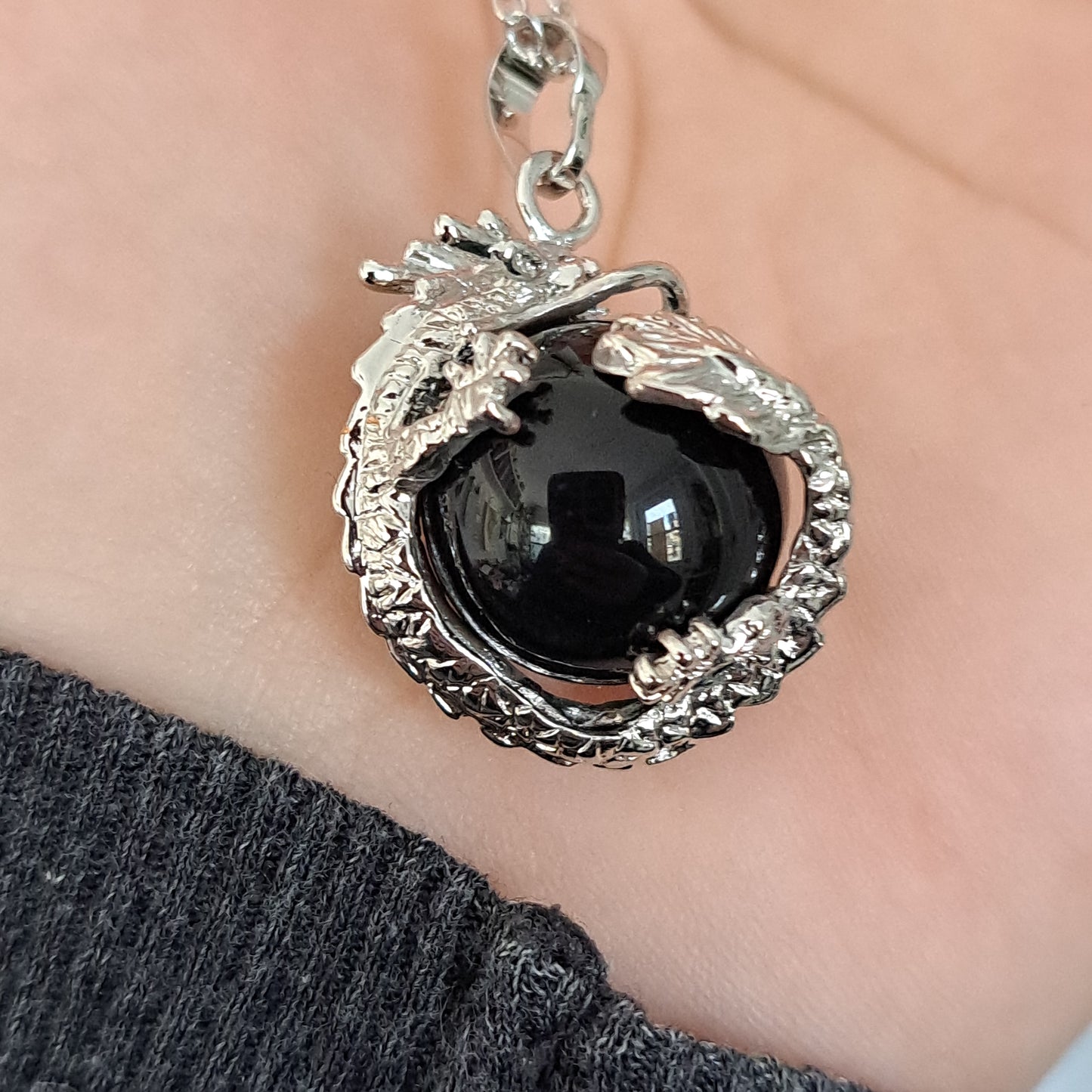 Dragon Wrapped Black Agate Round Necklace