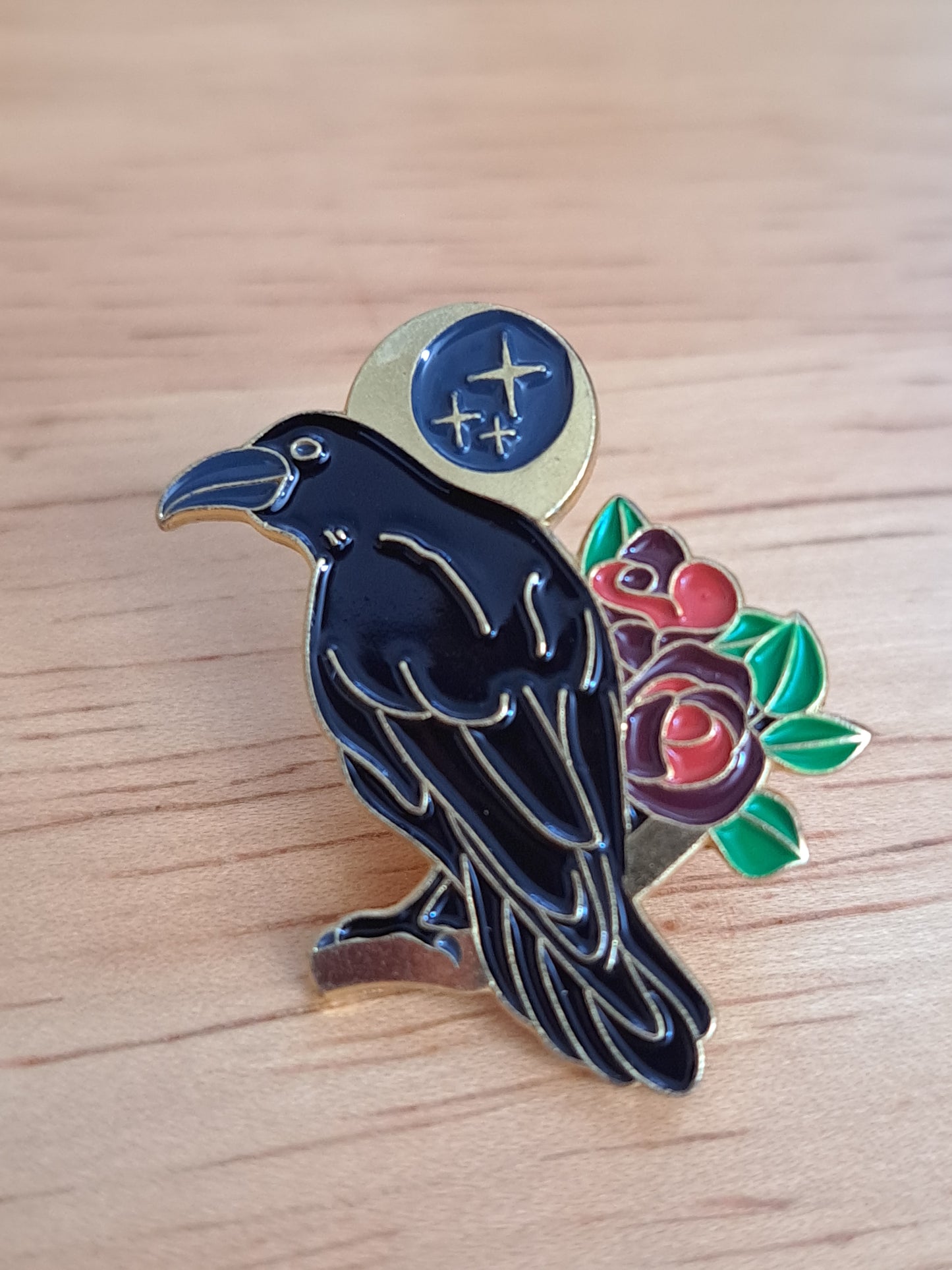 Crow & Flowers Moon Pin