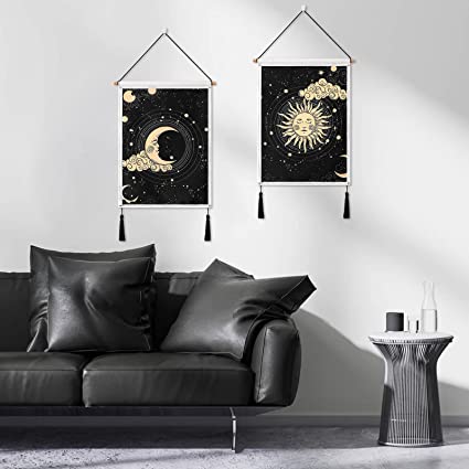 Sun - Tapestry Wall Hanging, Mysterious Tarot Card Tapestry Constellation Black and Gold Tapestry for Room Decor