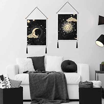 Sun - Tapestry Wall Hanging, Mysterious Tarot Card Tapestry Constellation Black and Gold Tapestry for Room Decor