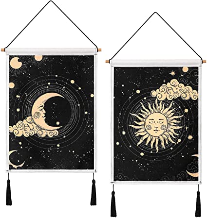 Sun - Tapestry Wall Hanging, Mysterious Tarot Card Tapestry Constellation Black and Gold Tapestry for Room Decor